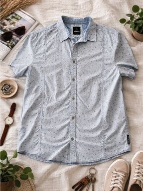 PrAna Men’s Short Sleeve Button Down Shirt XL Blue Print Casual Lightweight